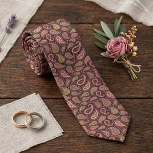Gravata Blush Rosa Verde Lima Marrom Escuro Paisley Elegan