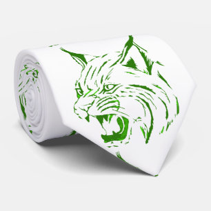 Gravata Bobcat Wild Cat Team Mascot Necktie Green/White