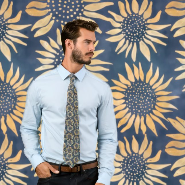 Gravata Boho Batik Sunflower Pattern on Dark Blue (Man wears a necktie with a boho sunflower pattern.)