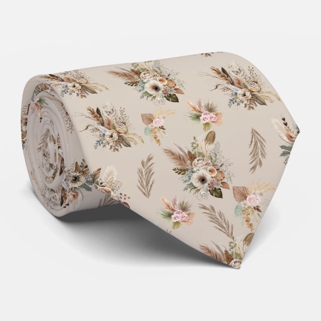 Gravata Boho Bege Marrom Floral Botânico Tendência Masculi (Rolled)