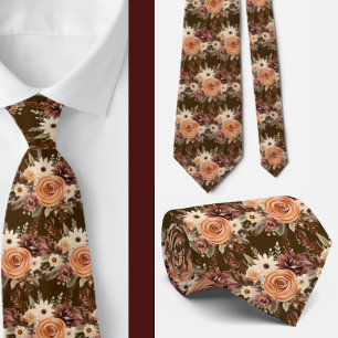 Gravata Boho Brown Dourado Floral Watercolor Flowers