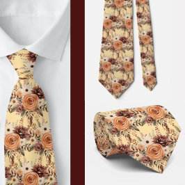 Gravata Boho Brown Dourado Floral Watercolor Flowers