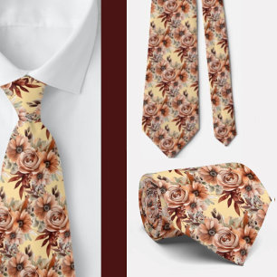 Gravata Boho Brown Dourado Floral Watercolor Flowers