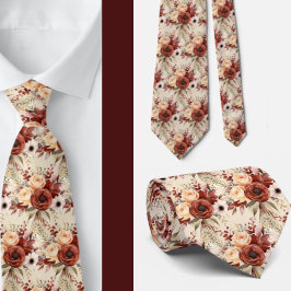 Gravata Boho Brown Dourado Floral Watercolor Flowers