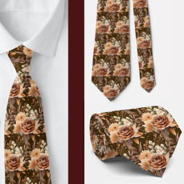 Gravata Boho Brown Dourado Floral Watercolor Flowers