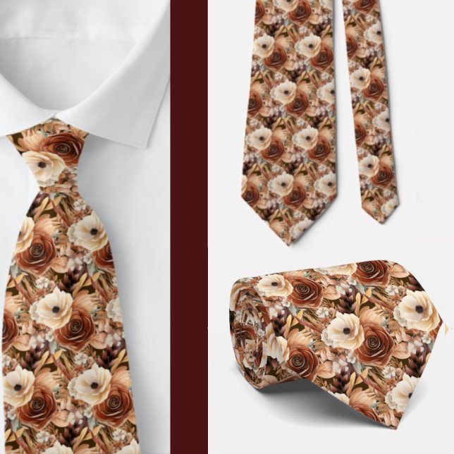 Gravata Boho Brown Dourado Floral Watercolor Flowers (Criador carregado)