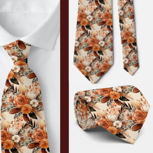 Gravata Boho Brown Dourado Floral Watercolor Flowers