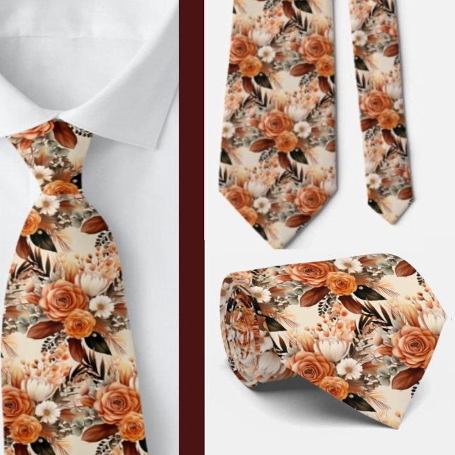 Gravata Boho Brown Dourado Floral Watercolor Flowers (Criador carregado)