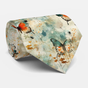 Gravata Boho Laranja Azul-marinho Borboleta Pintura de Flo