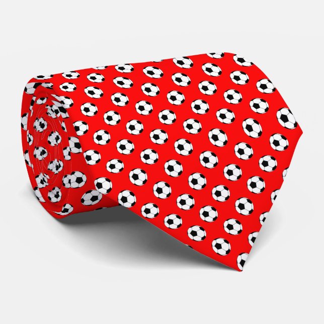 Gravata Bolas de Futebol Preto Branco em Vermelho (Rolled)