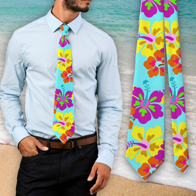Gravata Bold Hibiscus Floral Pattern Aqua Wedding Tie (Criador carregado)