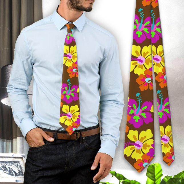 Gravata Bold Hibiscus Floral Patterno Brown Grooms Tie (Criador carregado)