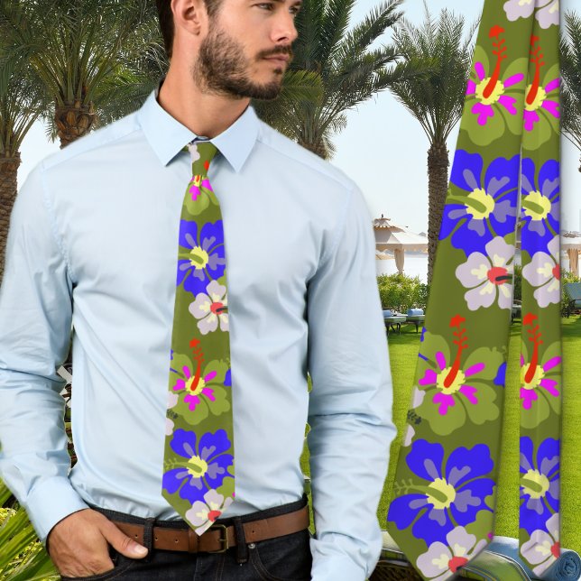 Gravata Bold Hibiscus Pattern Army Tie de Casamento Verde (Criador carregado)