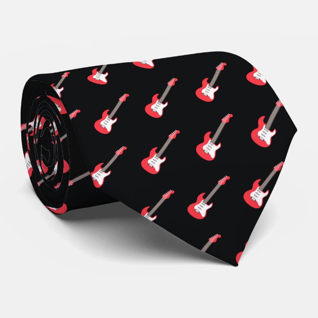 Gravata Bold Red Electric Guitar Black Rock Music Pattern (Rolled)