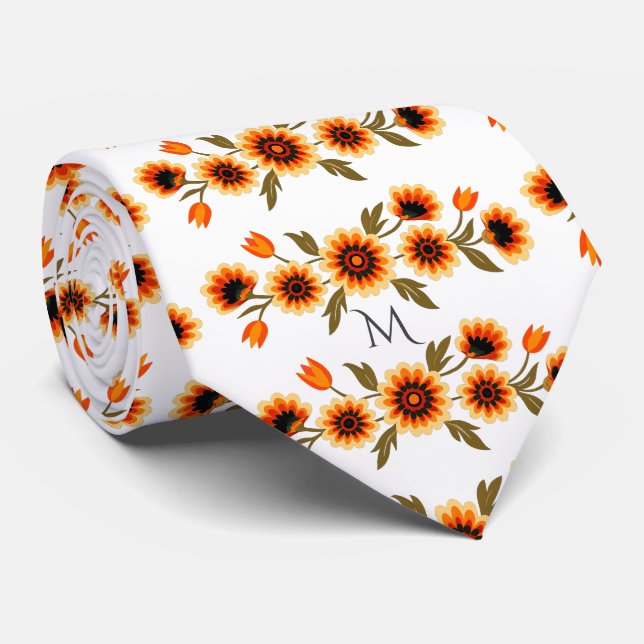 Gravata Bold Retro Floral Pattern in Orange Yellow Black (Rolled)