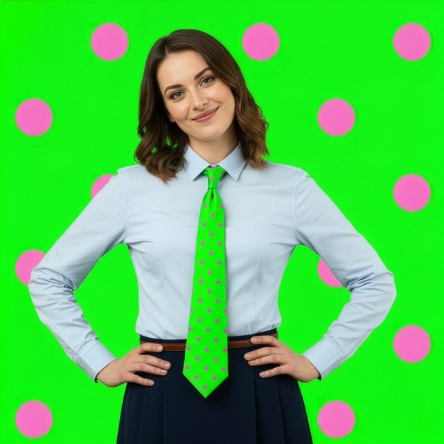 Gravata Bolinhas clássica, rosa quente em verde-neon (Woman with hands on hips wears a neon green tie with hot pink polka dots.)