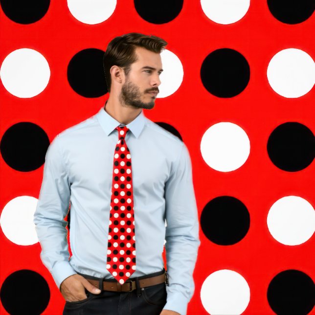 Gravata Bolinhas Pretas e Brancas em Torneio Vermelho (Man wears a "Black and White Polka Dots on Red Tie."
)