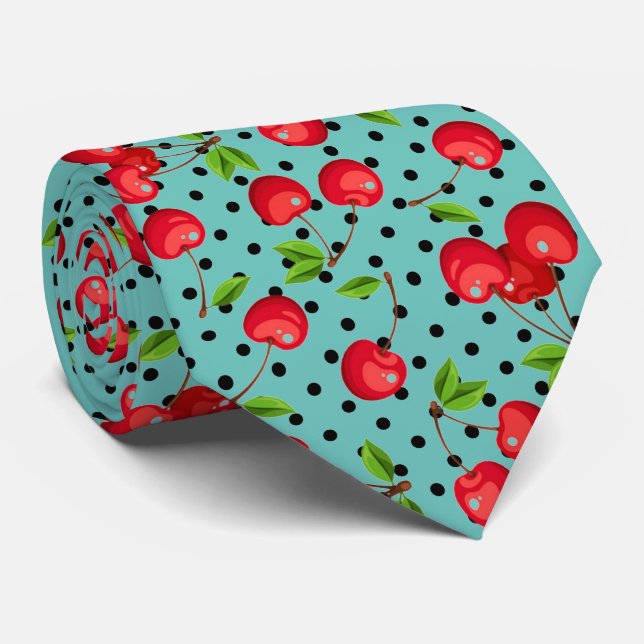 Gravata Bolinhas Rockabilly Cherries em Azul (Rolled)