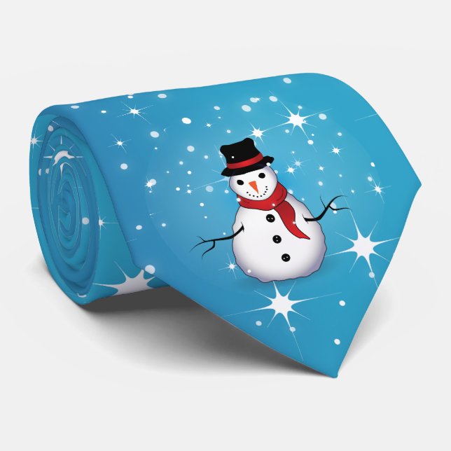 Gravata Boneco de Neve no Natal Azul Estrelado (Rolled)
