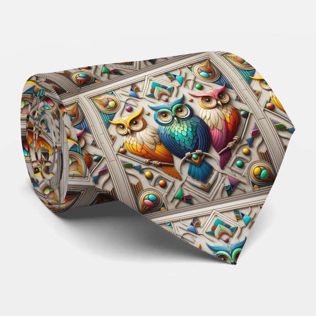 Gravata Borboleta Deco com Coruja Arco-íris – Pret (Rolled)