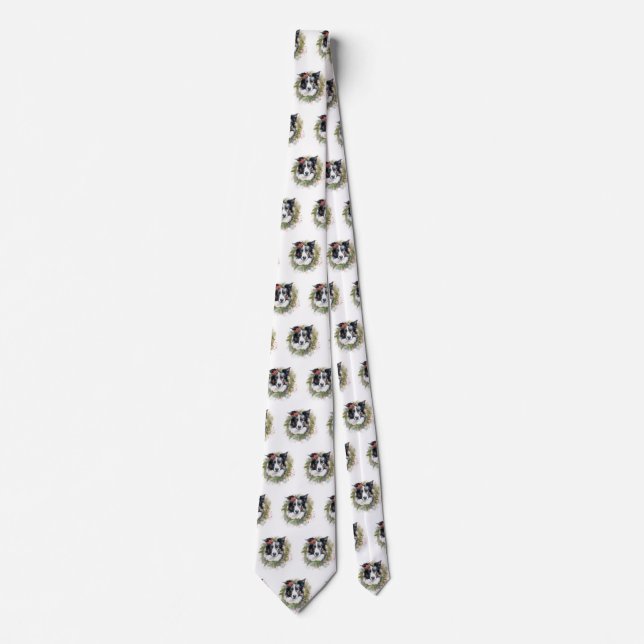 Gravata Border Collie Christmas Wreath Festivo Pup (Frente)