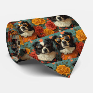 Gravata Border Collie Com Rosas No Coração Dia Dos Namorad