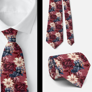 Gravata Borgonha Azul-Borrelha Rosa Esbranquiçada Floral
