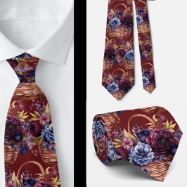 Gravata Borgonha Azul-Borrelha Rosa Esbranquiçada Floral