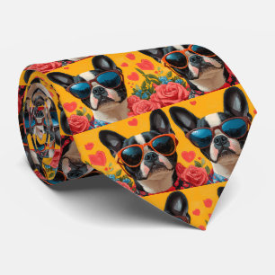 Gravata Boston Terrier com Rosas do Coração Dia dos Namora