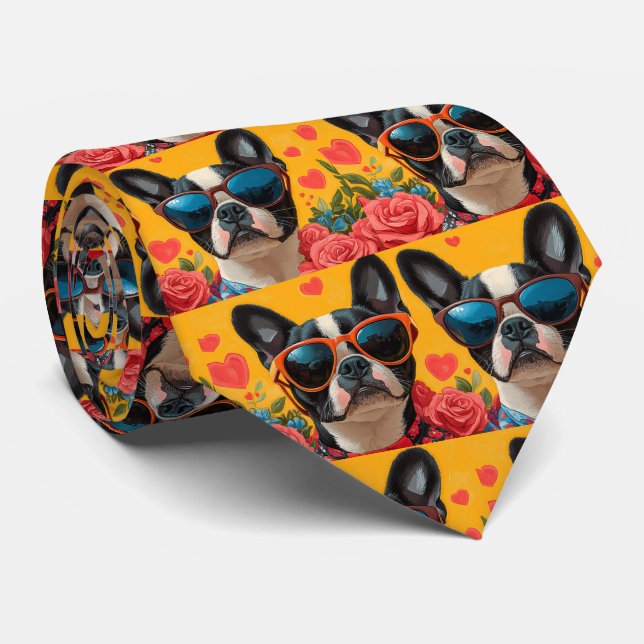 Gravata Boston Terrier com Rosas do Coração Dia dos Namora (Rolled)