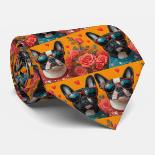 Gravata Boston Terrier Com Rosas do Coração Dia dos Namora
