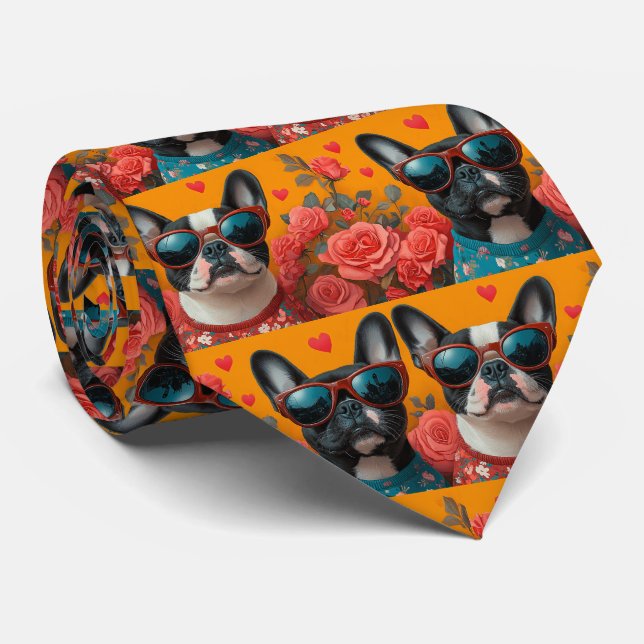 Gravata Boston Terrier Com Rosas do Coração Dia dos Namora (Rolled)