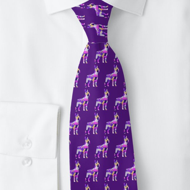 Gravata Boston Terrier Dog Silhouette Purple Dark Neck (Boston terrier colourful silhouette pattern purple tie)
