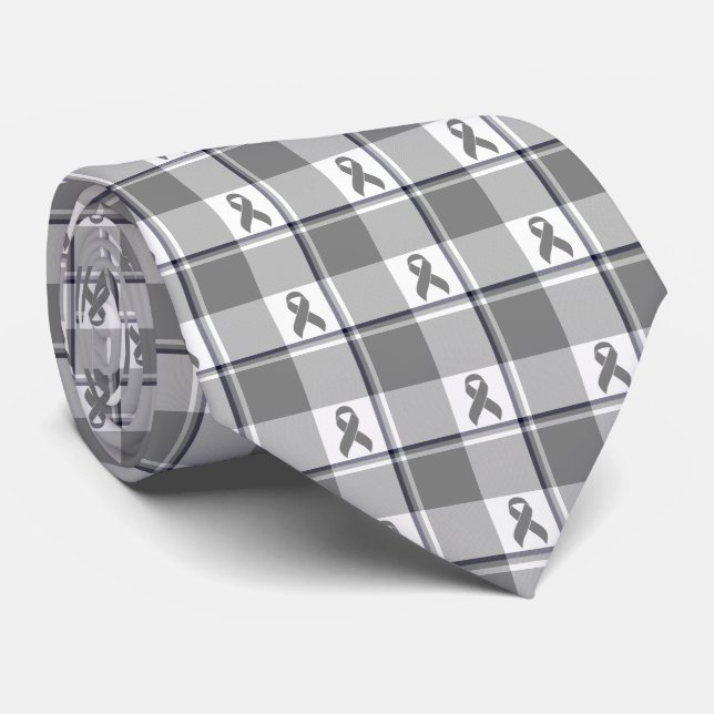 Gravata Brain Cancer Awareness Plaid Gray Ribbon (Rolled)