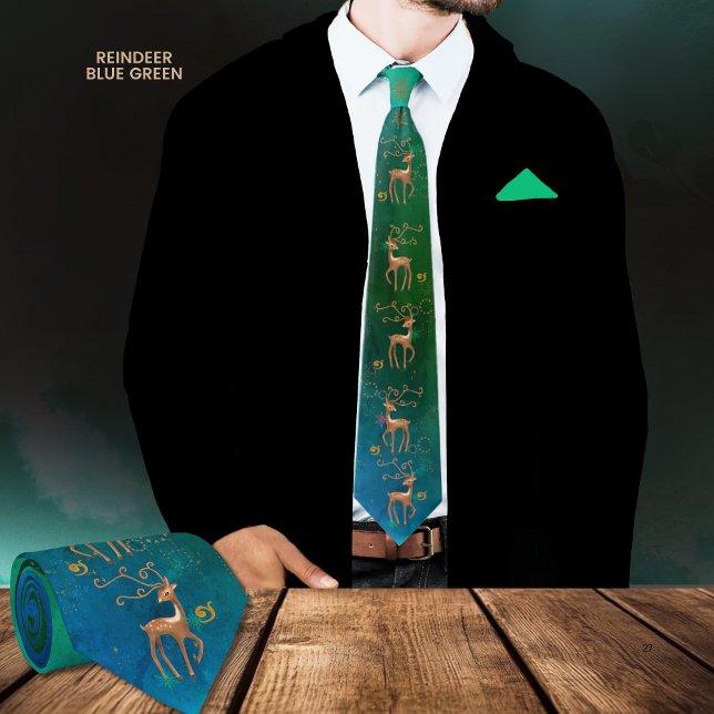 Gravata Branca de Rebelde Azul, Torneio Verde (Whimsical Reindeer Blue Green Neck Tie)