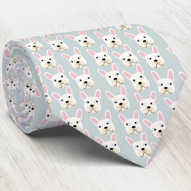 Gravata Branca e Cream - Branca de Nave-Névoa (White and cream French Bulldog pattern pale blue art neck tie)