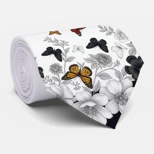 Gravata Branco com Floral Preto e borboletas