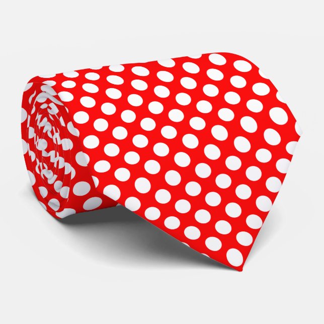 Gravata Branco em Bolinhas de tamanho grande vermelho (Rolled)