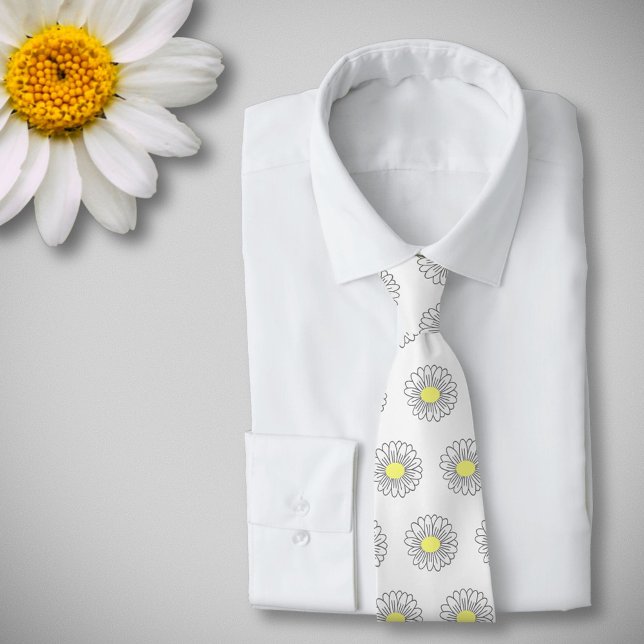 Gravata Branco-Flor-Daisy Pastel Botânico (Daisy Flower White Neck Tie)