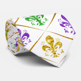Gravata Brilho Fleur de Lis Diamante Mardi Gras Branco
