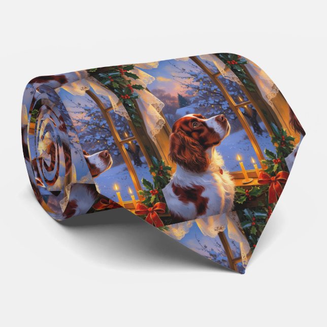 Gravata Brittany Spaniel com Luzes de Natal Feriado  (Rolled)