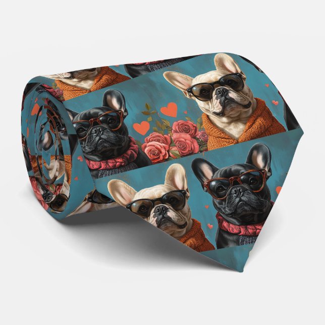 Gravata Bulldog Francês Com Rosas do Coração Dia dos Namor (Rolled)