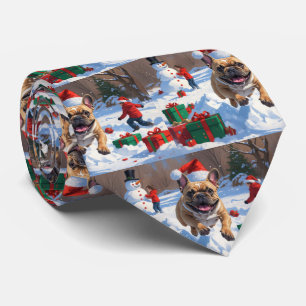 Gravata Bulldog Francês Correndo na Neve com Chapéu de Nat