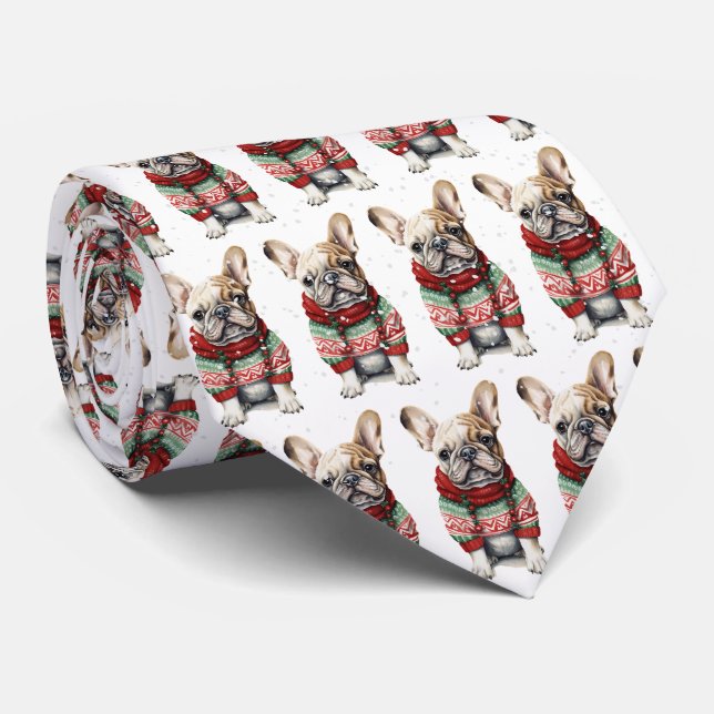 Gravata Bulldog Francês De Natal Em Flocos De Neve (Rolled)