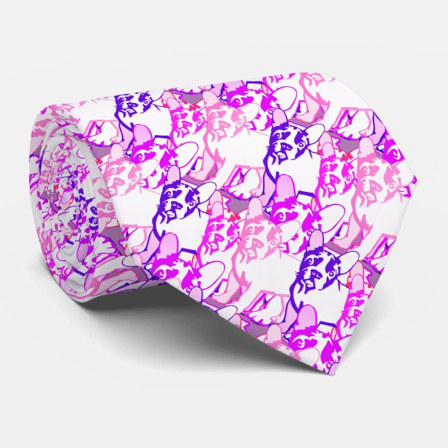Gravata Bulldogs Franceses rosa roxo branco (Rolled)