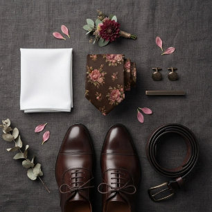 Gravata Buquê de Chintz de Peônia Rosa Marrom Espresso