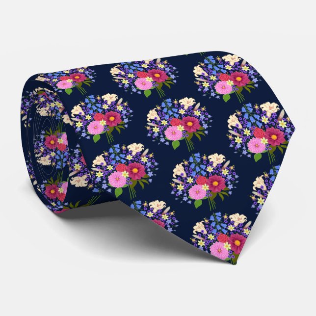 Gravata Buquê de Flores Azul Escuro (Rolled)