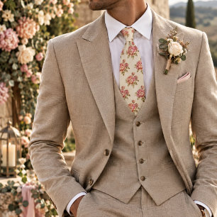Gravata Buquê de Peônia Rosa Vintage em Floral Creme
