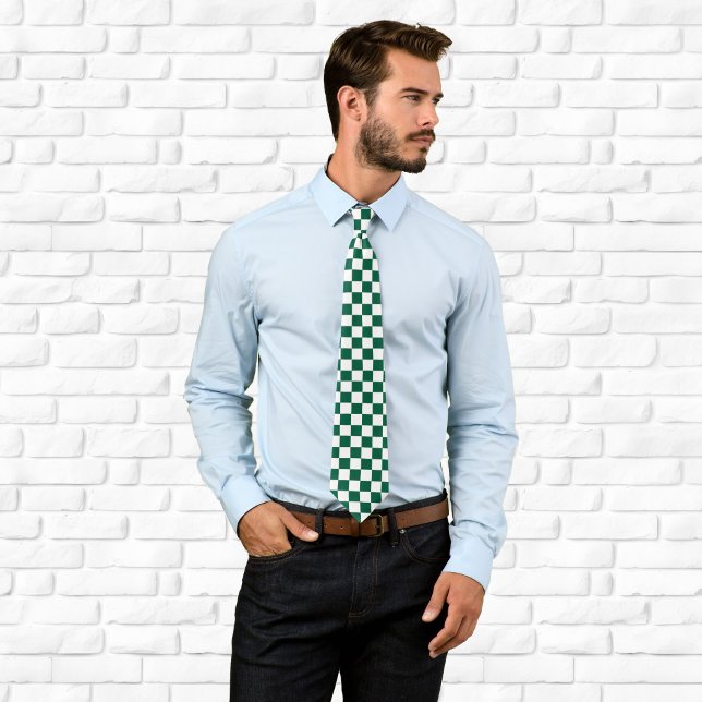Gravata Caça Verde e Xadrez Branco (Hunter Green and White Checkered Neck Tie)