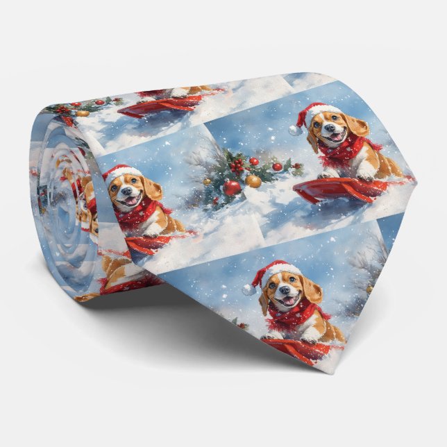 Gravata Cachorro Beagle no Trenó Fazer Neve Natal (Rolled)